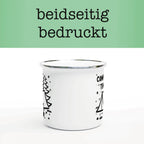 Weiße Emaille-Tasse mit silbernem Rand und schwarzem Motiv: Zelt, Lagerfeuer und Text „Camping Time“. Perfekte Camping-Tasse für Outdoor-Abenteuer.