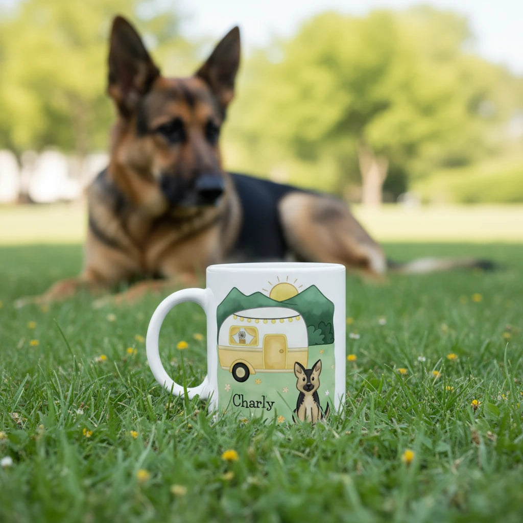 Camping-Tasse mit Wohnwagen, Bergen und Hundemotiv. Personalisierbar mit Hunderasse und Name, perfekt für Camper mit Hund.