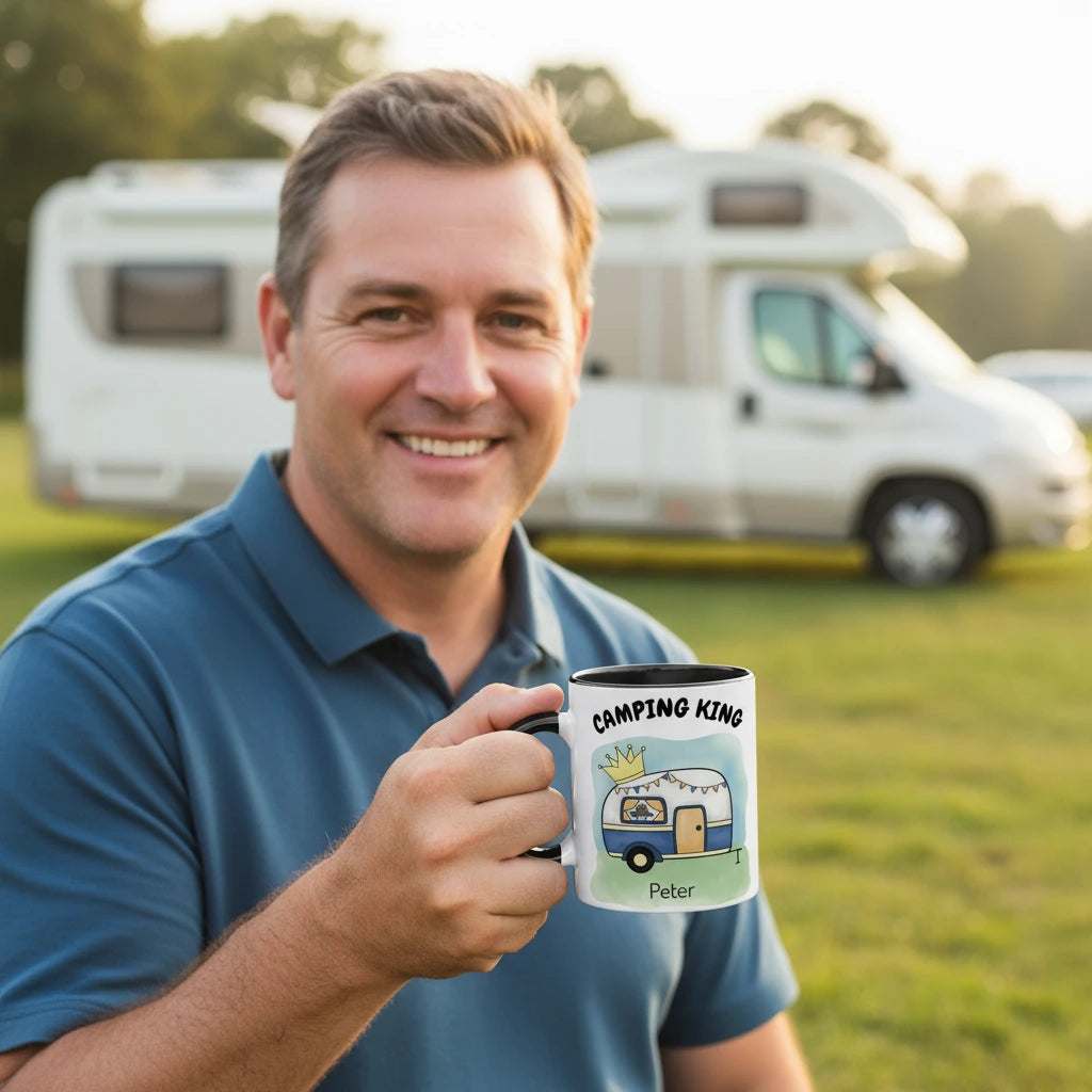 Weiße Tasse mit schwarzem Henkel und Aufdruck „Camping King“, blauer Wohnwagen mit Krone und personalisiertem Namen. Personalisierbare Camping-Tasse für Camper und Vanlife-Fans.
