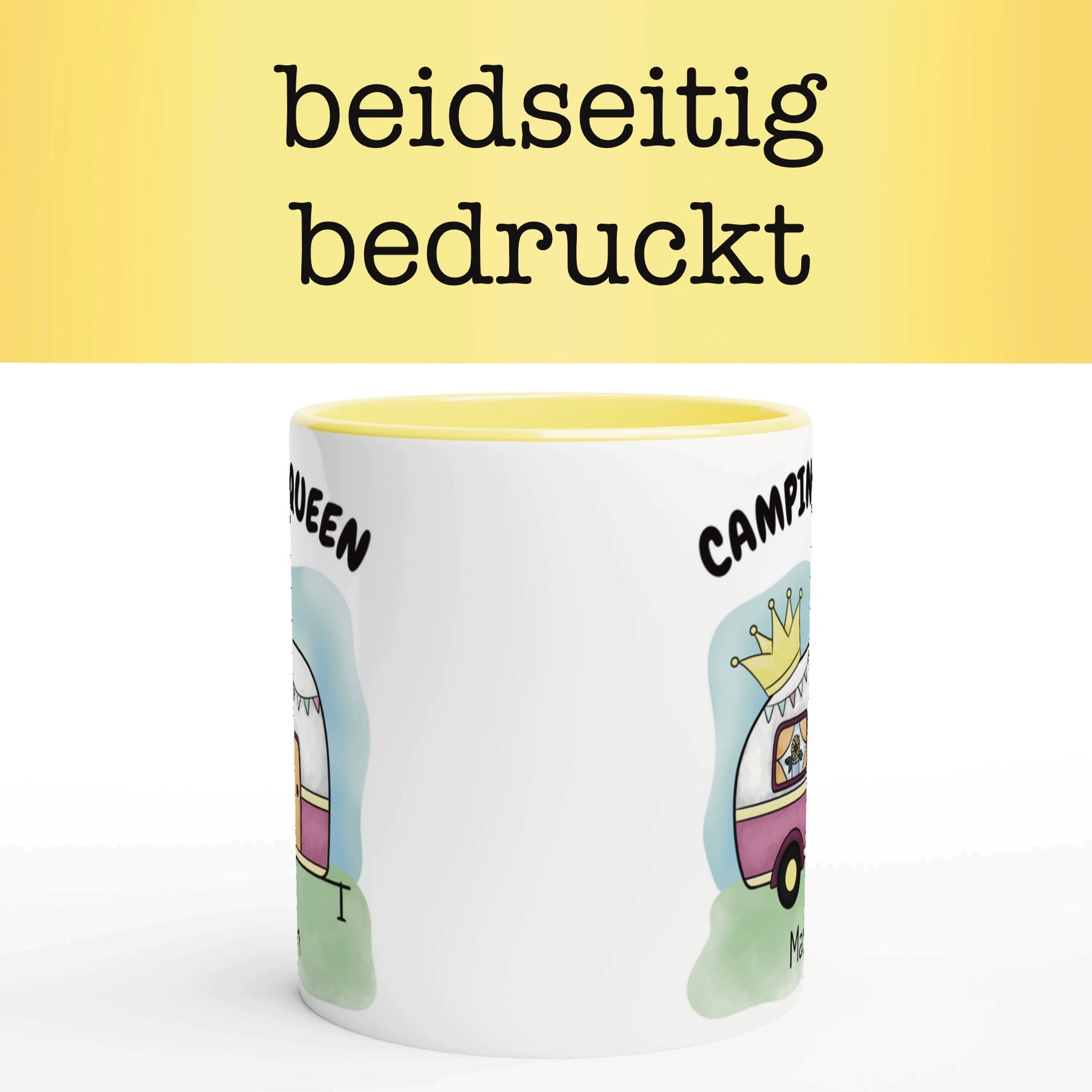 Weiße Tasse und Aufdruck „Camping King“, blauer Wohnwagen mit Krone und personalisiertem Namen. Personalisierbare Camping-Tasse für Camper und Vanlife-Fans.