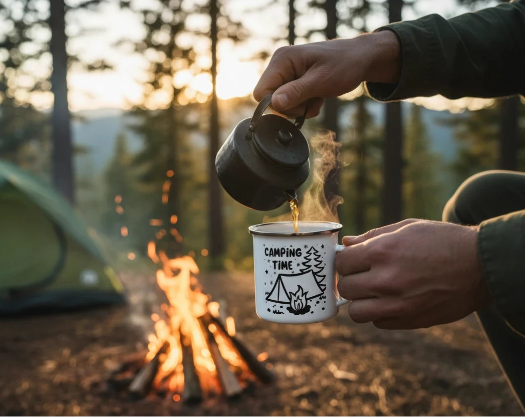 Zelt und Lagerfeuer, ein Mann schenkt sich Tee in eine Emaille Tasse