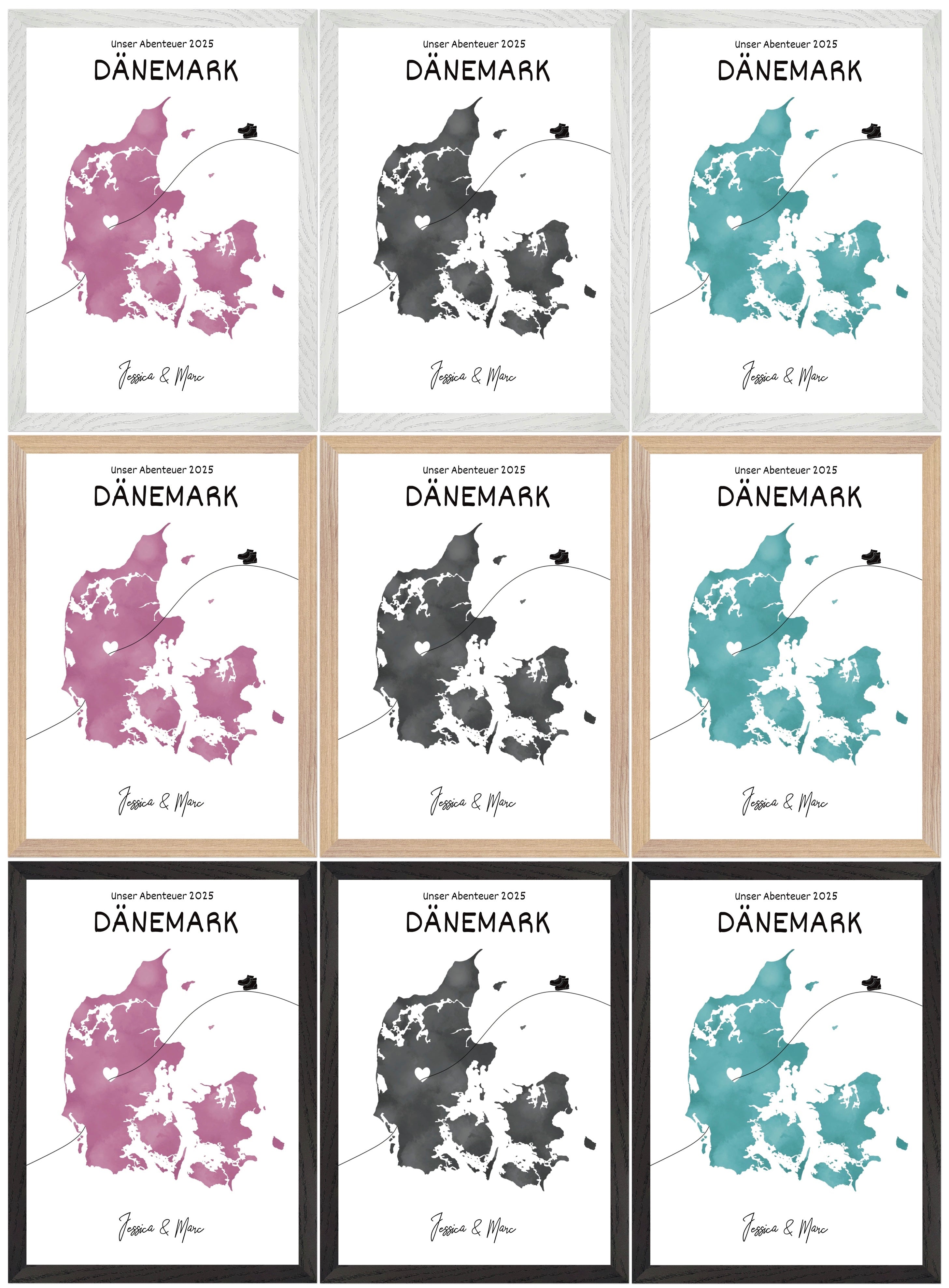 Individuelles Dänemark-Poster mit Karte & Holzrahmen. Personalisiertes Reisegeschenk, nachhaltig produziert & aufhängefertig geliefert.