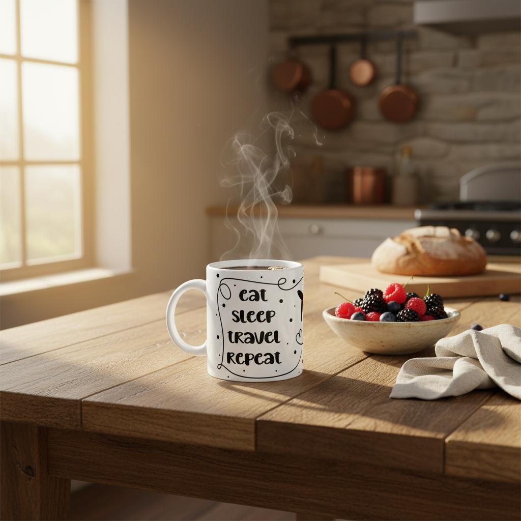 Weiße Keramiktasse mit Schriftzug „Eat Sleep Travel Repeat“, beidseitigem Druck und illustrativem Flugzeug-Motiv in der Mitte.