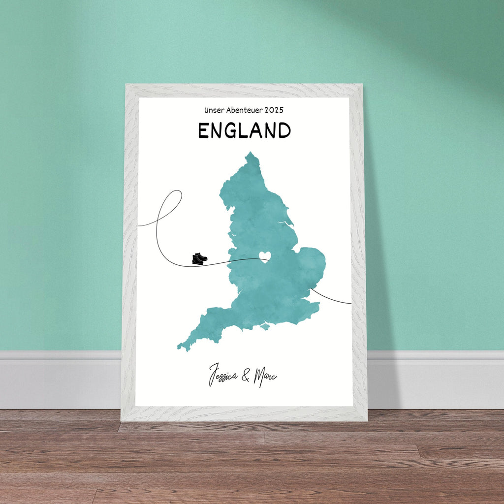 Personalisiertes England-Poster in Holzrahmen – Landkarte mit Namen, nachhaltiger Druck auf mattem Papier
