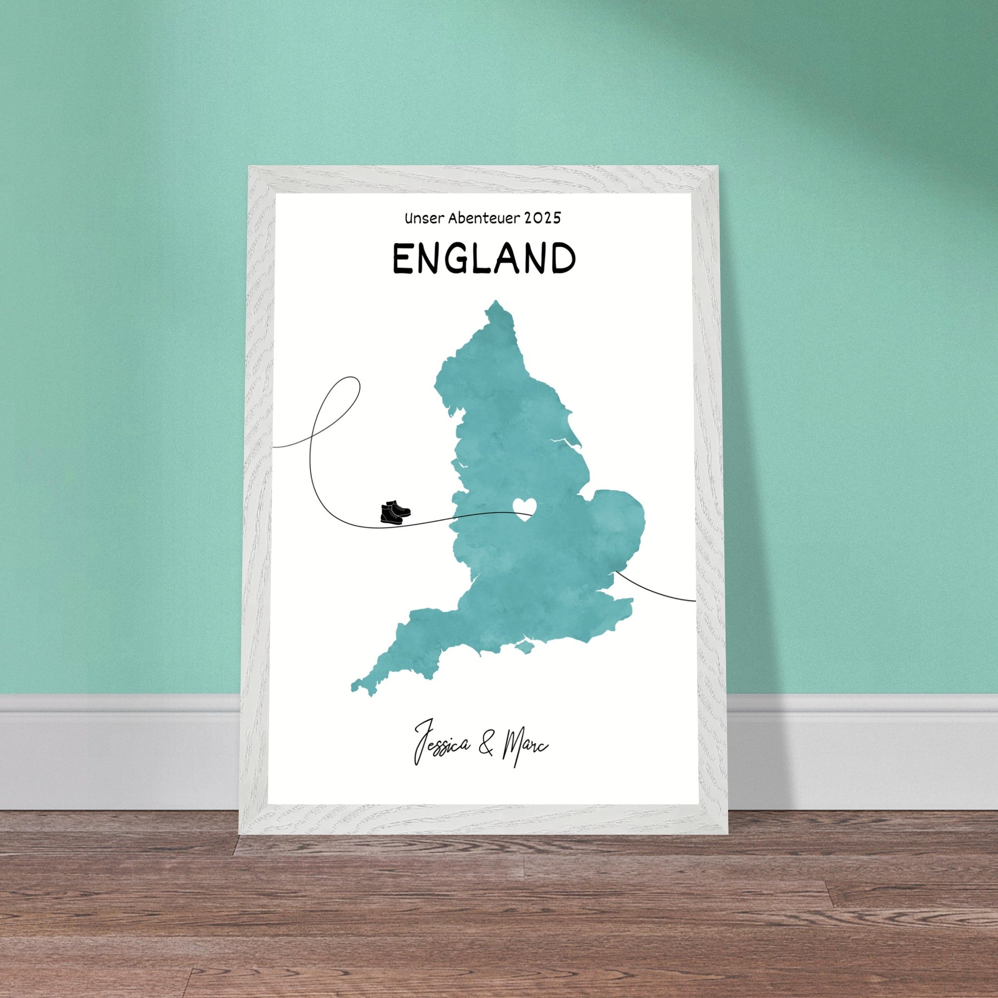 Personalisiertes England-Poster in Holzrahmen – Landkarte mit Namen, nachhaltiger Druck auf mattem Papier