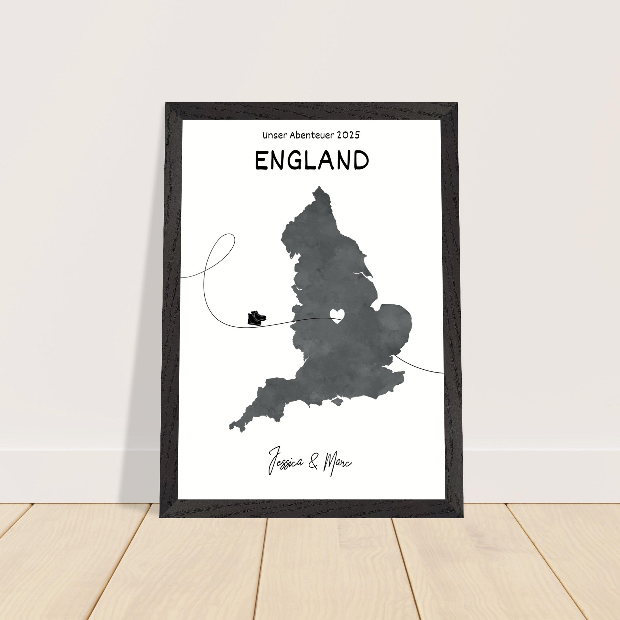 Personalisiertes England-Poster in Holzrahmen – Landkarte mit Namen, nachhaltiger Druck auf mattem Papier