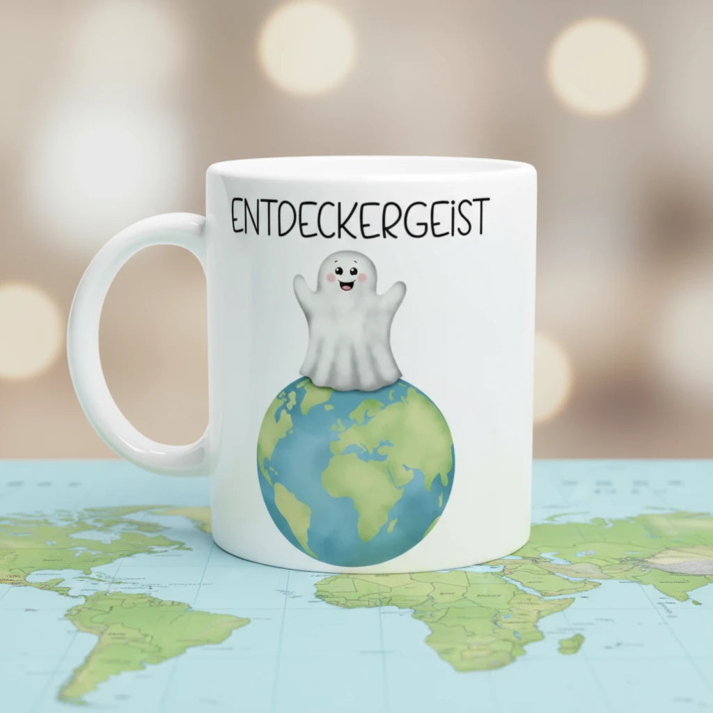 Weiße Keramiktasse mit Geist auf Weltkugel und Schriftzug „Entdeckergeist“. Lustige Tasse für Reisefans und Kinder.