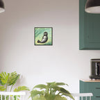 Quadratisches Wandbild mit handgemaltem Robben Motiv, gedruckt auf halbmattem Papier und gerahmt in schwarzem Metallrahmen.
