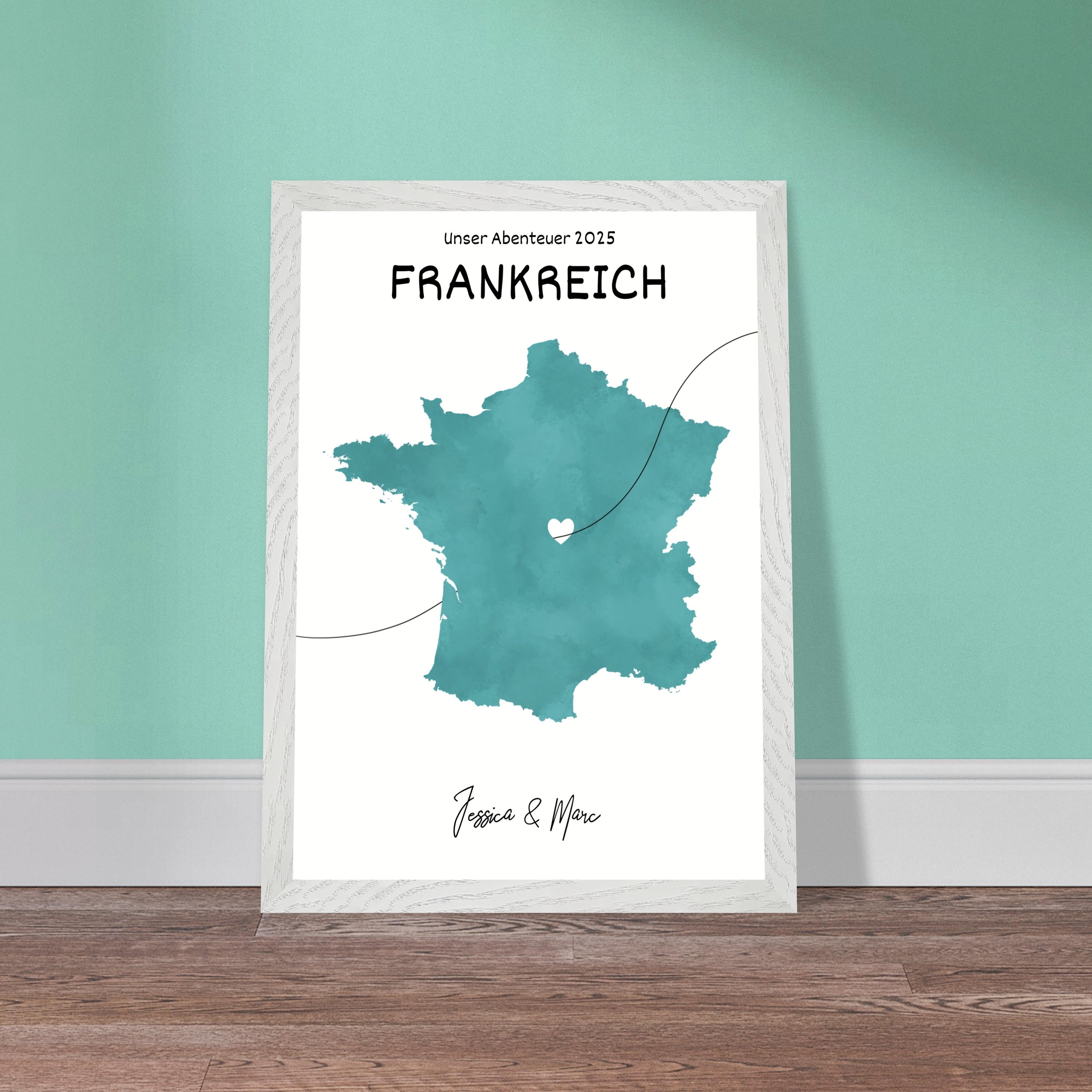 Personalisiertes Frankreich-Poster in Holzrahmen – Landkarte mit Namen, nachhaltiger Druck auf mattem Papier