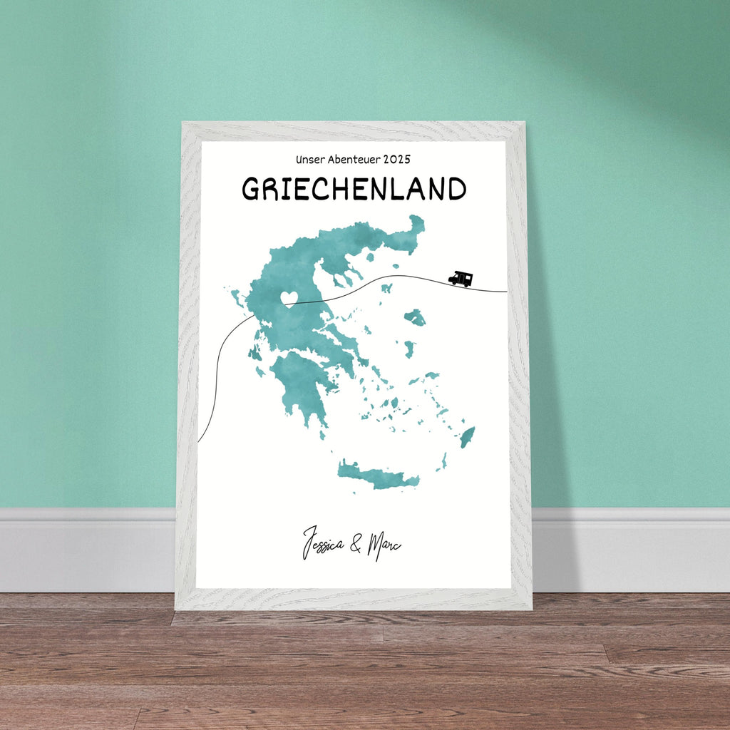 Personalisiertes Griechenland-Poster in Holzrahmen – Landkarte mit Namen, nachhaltiger Druck auf mattem Papier