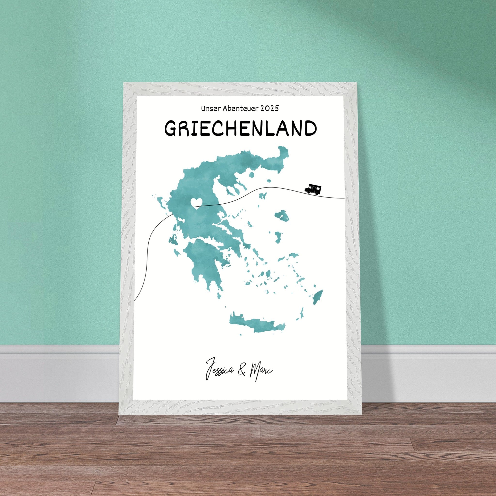Personalisiertes Griechenland-Poster in Holzrahmen – Landkarte mit Namen, nachhaltiger Druck auf mattem Papier