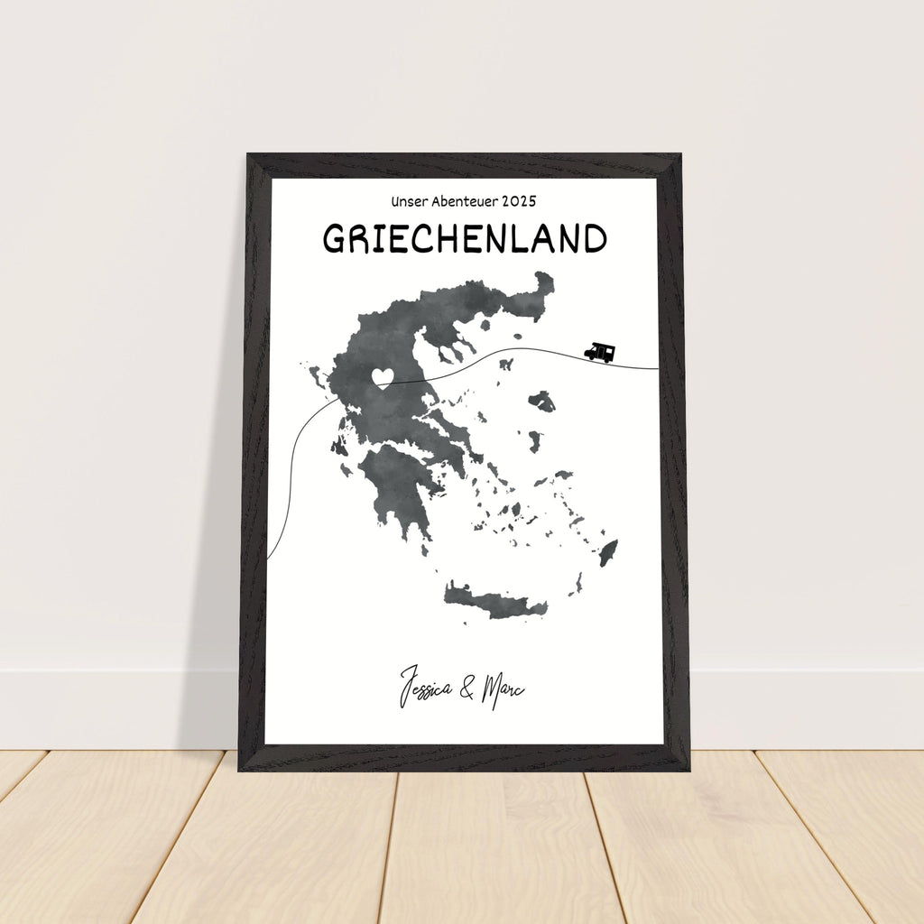 Personalisiertes Griechenland-Poster in Holzrahmen – Landkarte mit Namen, nachhaltiger Druck auf mattem Papier