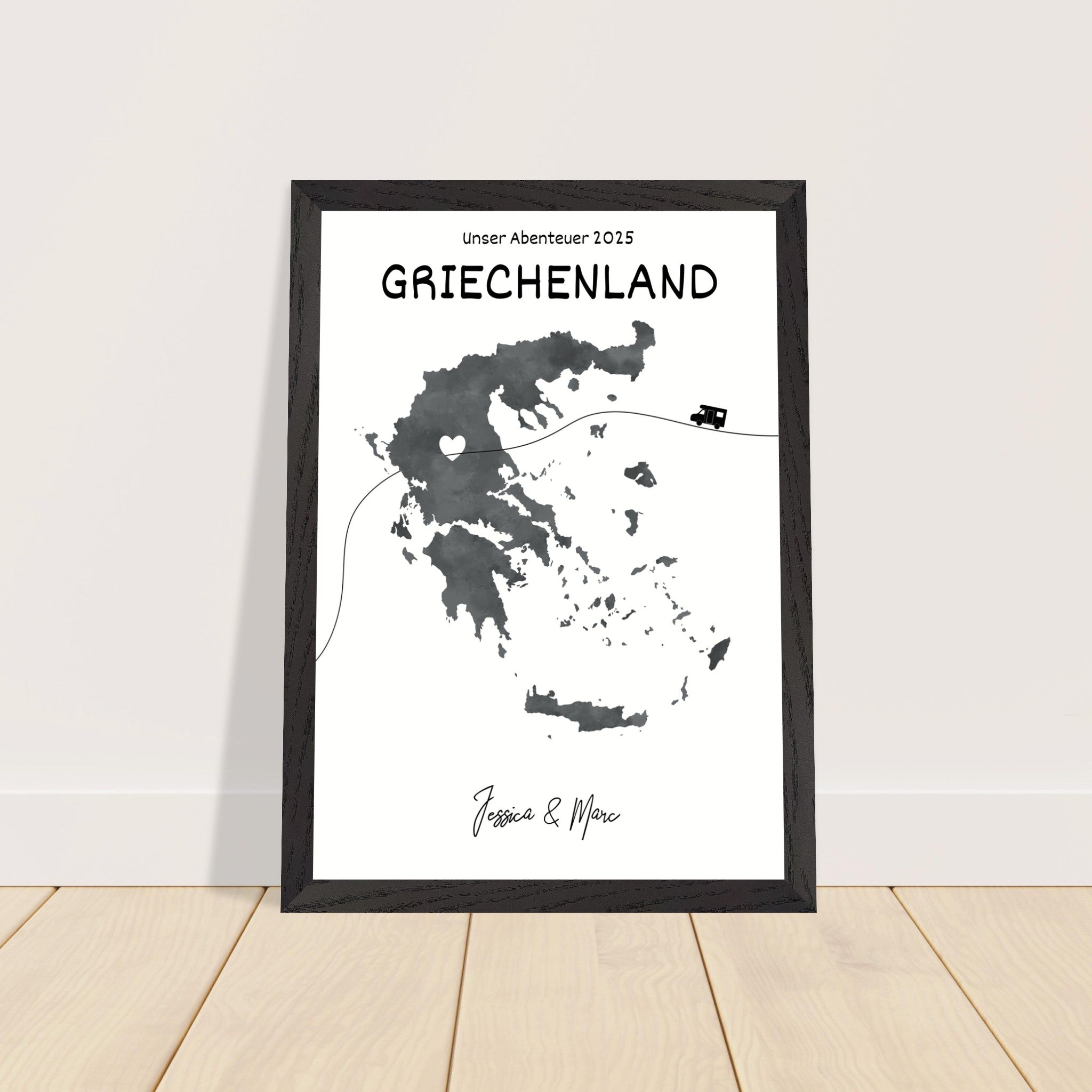 Personalisiertes Griechenland-Poster in Holzrahmen – Landkarte mit Namen, nachhaltiger Druck auf mattem Papier