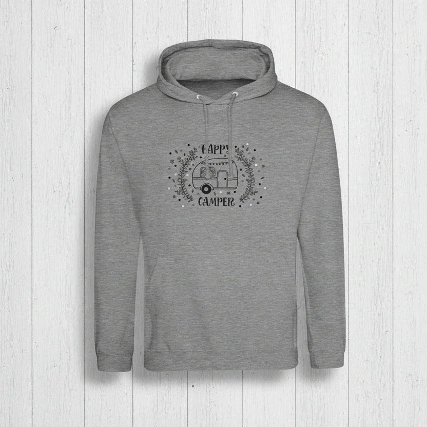 Grauer Unisex Hoodie mit „Happy Camper“ Schriftzug und handgezeichnetem Campervan-Motiv auf der Vorderseite