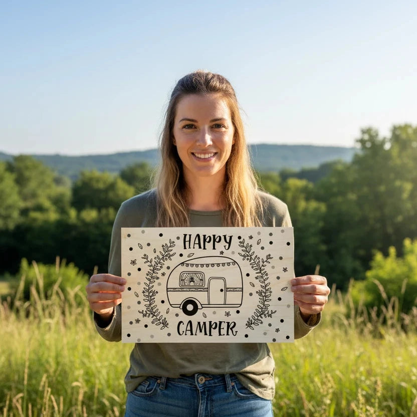 Holz-Wandbild mit „Happy Camper“ Schriftzug und handgezeichnetem Camper-Motiv, dekorativ an der Wand platziert
