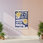 Wandbanner mit inspirierendem Spruch „If You Never Go, You Will Never Know“, Blumen- und Sonnenmotiv in Gelb und Lila auf dunkelblauem Hintergrund