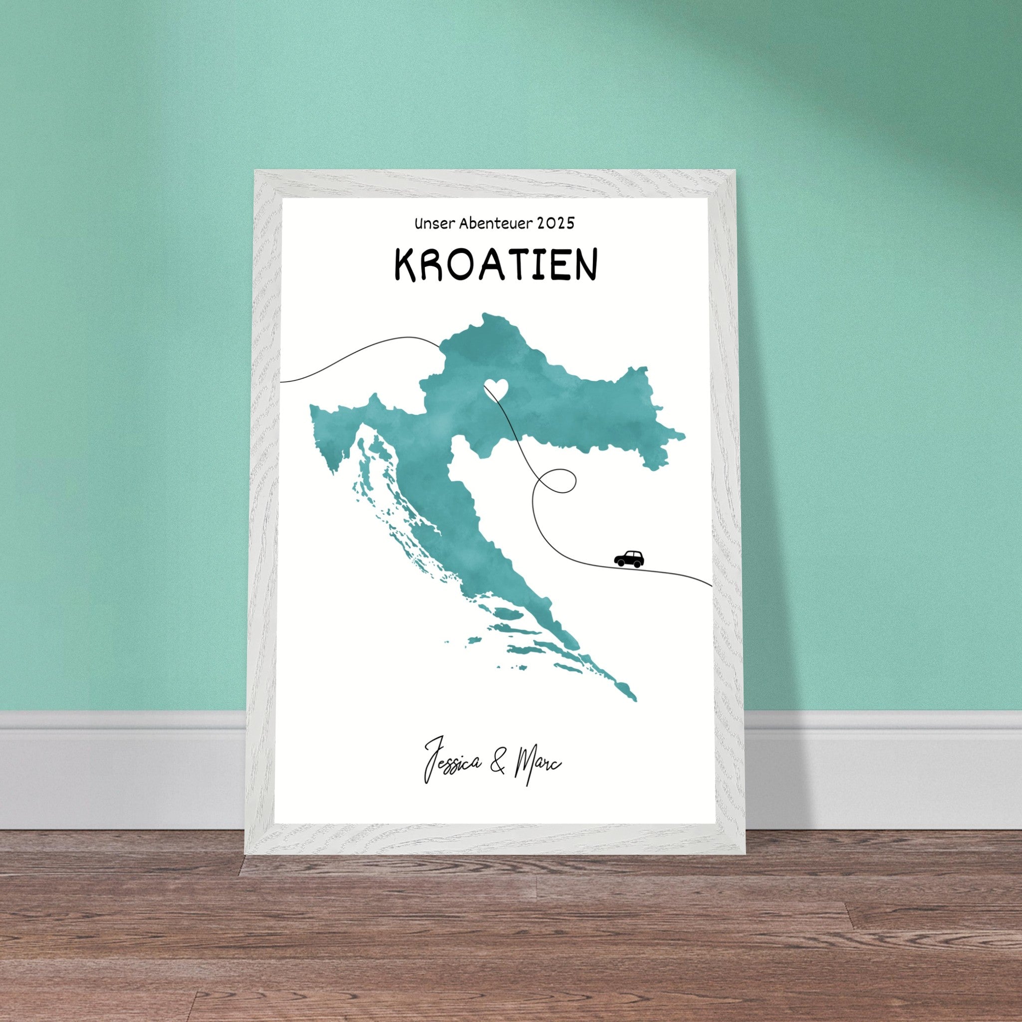 Personalisiertes Kroatien-Poster in Holzrahmen – Landkarte mit Namen, nachhaltiger Druck auf mattem Papier