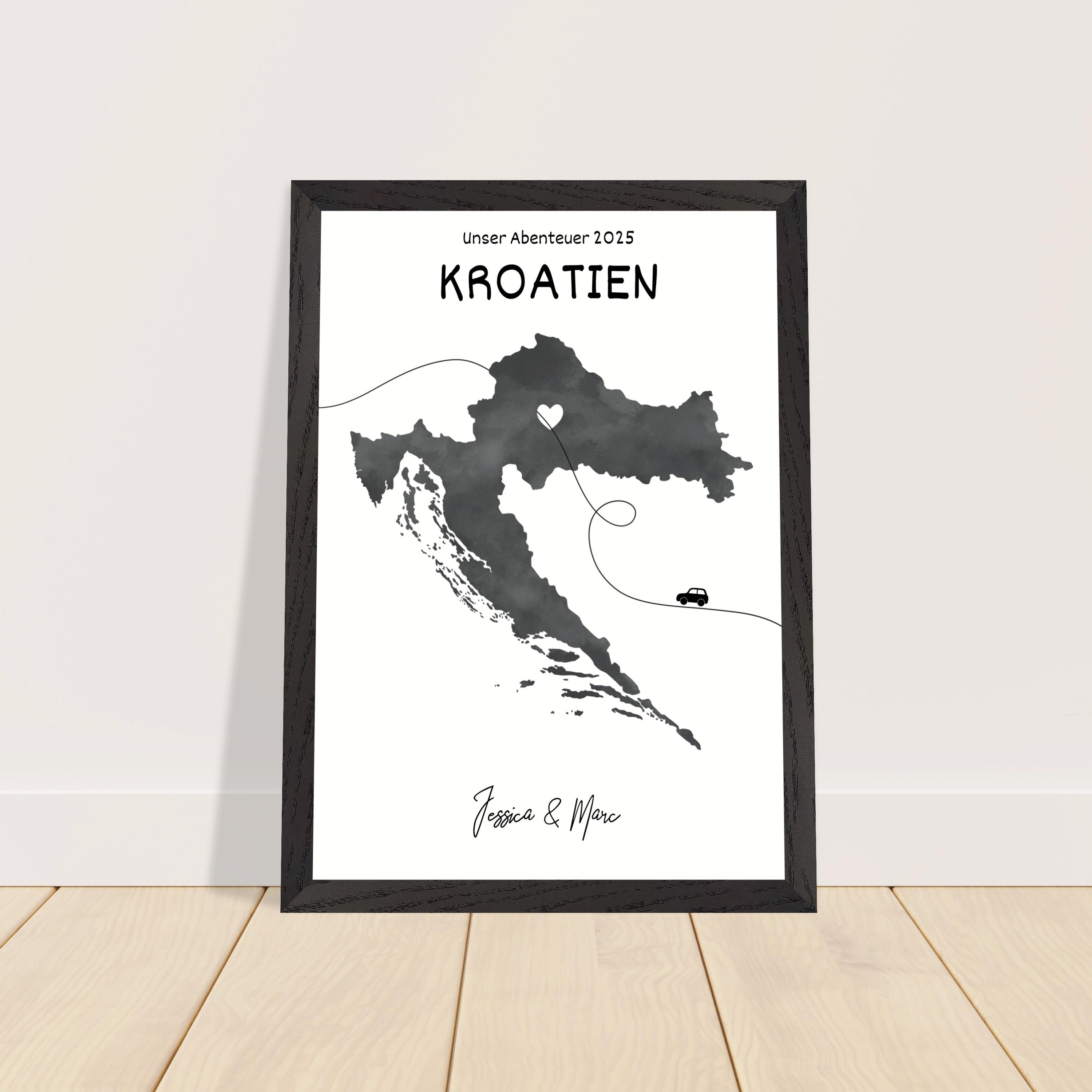 Personalisiertes Kroatien-Poster in Holzrahmen – Landkarte mit Namen, nachhaltiger Druck auf mattem Papier