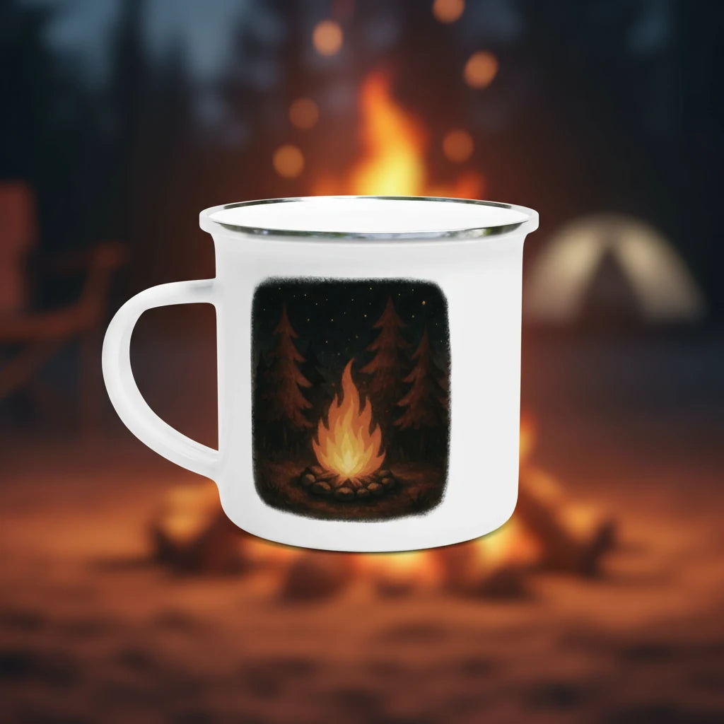 Weiße Emaille-Tasse mit silbernem Rand und Motiv eines Lagerfeuers im Wald bei Nacht unter Sternenhimmel. Camping-Tasse für Outdoor-Abenteuer.