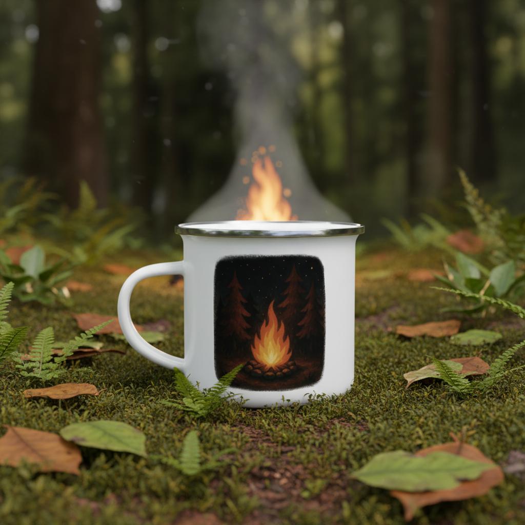 Weiße Emaille-Tasse mit silbernem Rand und Motiv eines Lagerfeuers im Wald bei Nacht unter Sternenhimmel. Camping-Tasse für Outdoor-Abenteuer.