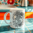 Weiße Tasse, Boho Motiv: Weltkarte mit floralen Mandala- und Blumenmustern. Stilvolle Welt-Tasse für Naturfreunde.