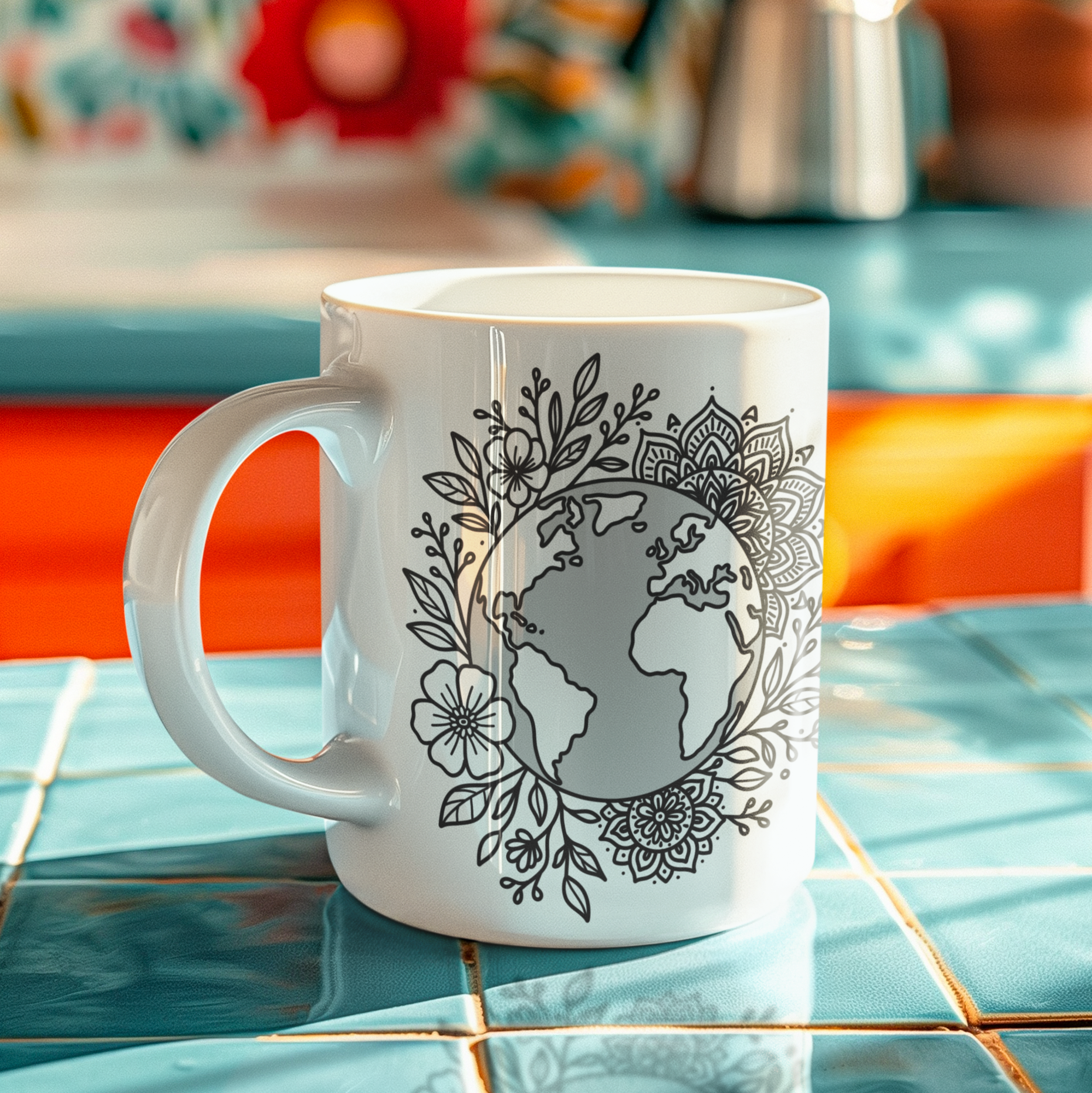 Weiße Tasse, Boho Motiv: Weltkarte mit floralen Mandala- und Blumenmustern. Stilvolle Welt-Tasse für Naturfreunde.