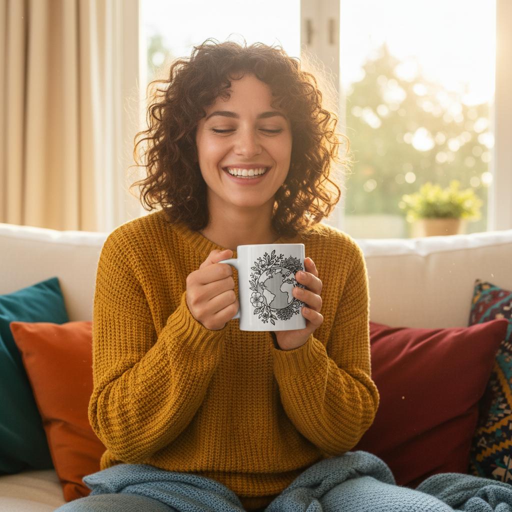 Weiße Tasse, Boho Motiv: Weltkarte mit floralen Mandala- und Blumenmustern. Stilvolle Welt-Tasse für Naturfreunde.