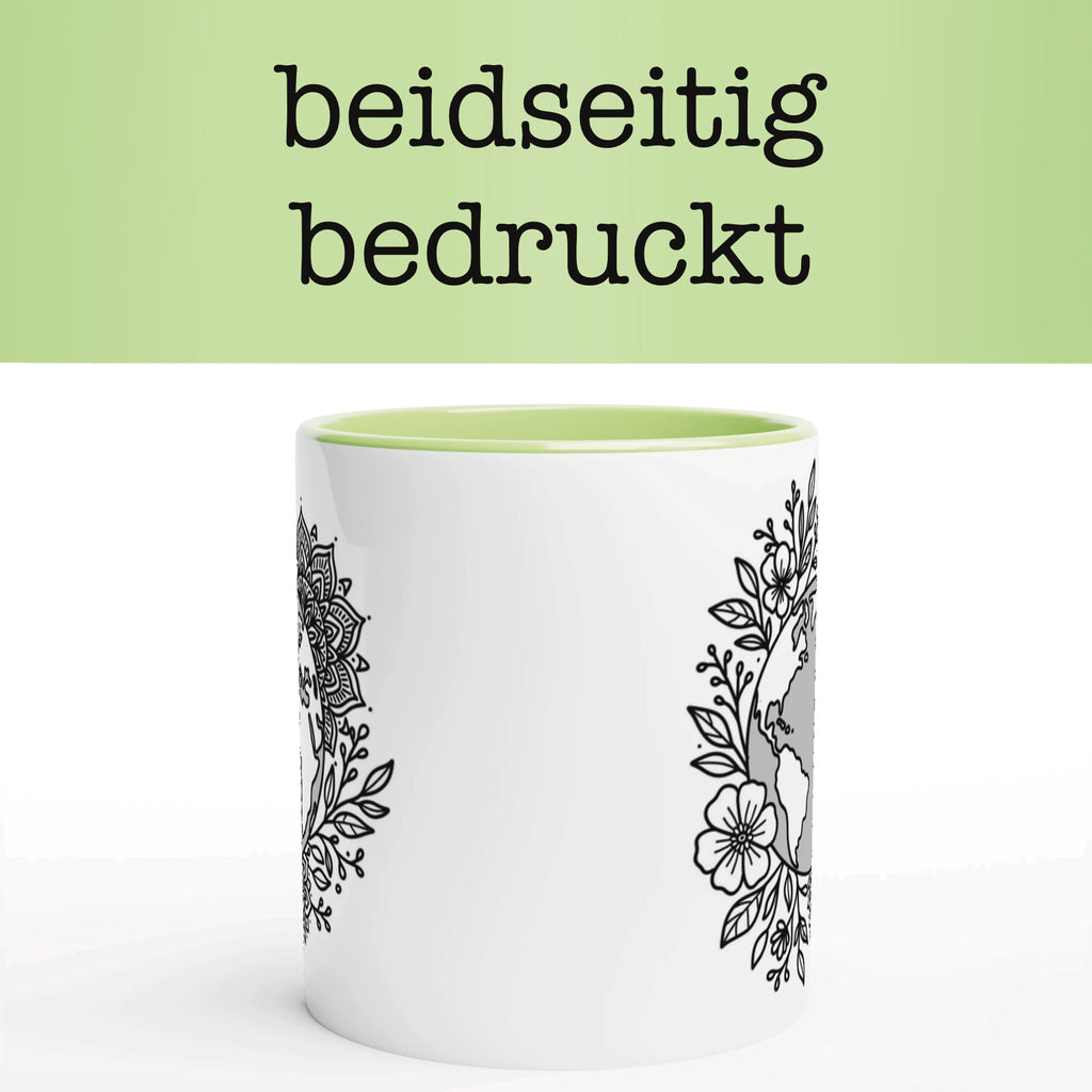 Weiße Tasse, Boho Motiv: Weltkarte mit floralen Mandala- und Blumenmustern. Stilvolle Welt-Tasse für Naturfreunde.