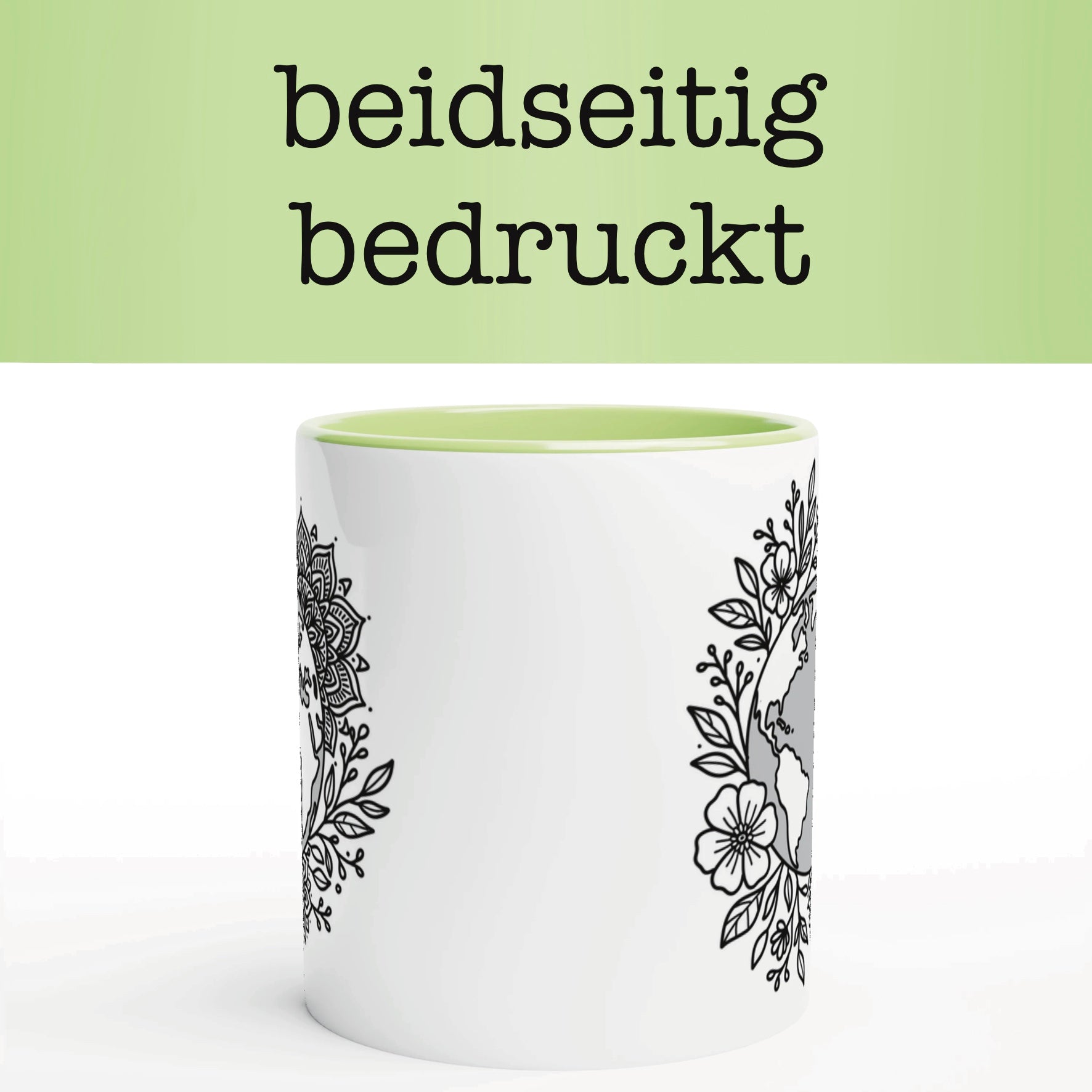Weiße Tasse, Boho Motiv: Weltkarte mit floralen Mandala- und Blumenmustern. Stilvolle Welt-Tasse für Naturfreunde.