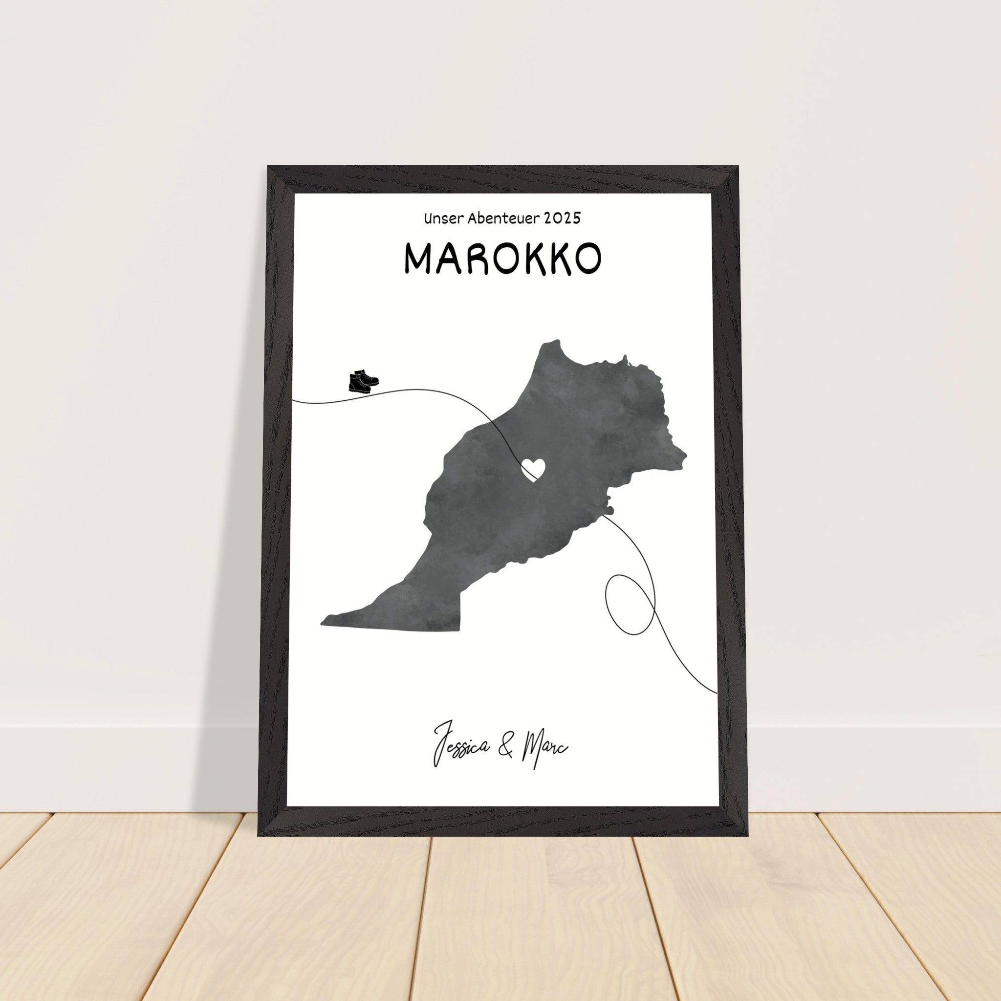 Personalisiertes Marokko-Poster in Holzrahmen – Landkarte mit Namen, nachhaltiger Druck auf mattem Papier