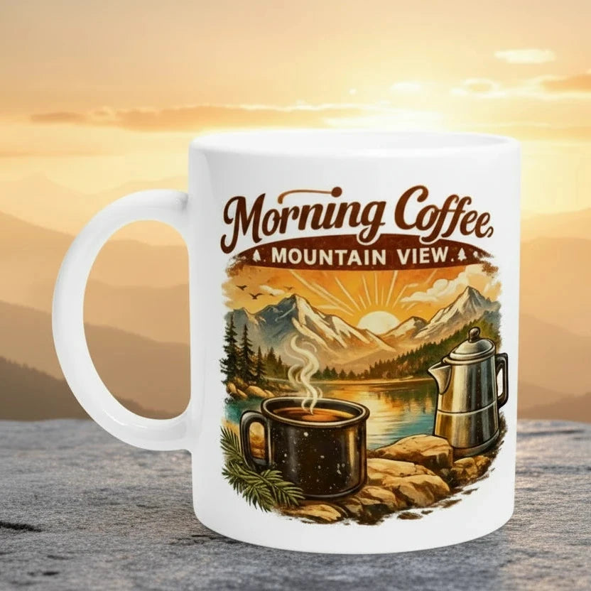 Keramiktasse mit Illustration von Bergen, Sonnenaufgang und dampfender Kaffeetasse im Outdoor-Stil.