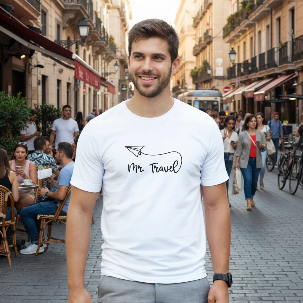 Weißes T-Shirt mit schwarzem Papierflieger und Schriftzug „Mr. Travel“. Ideal für Männer mit Fernweh und Reiselust.