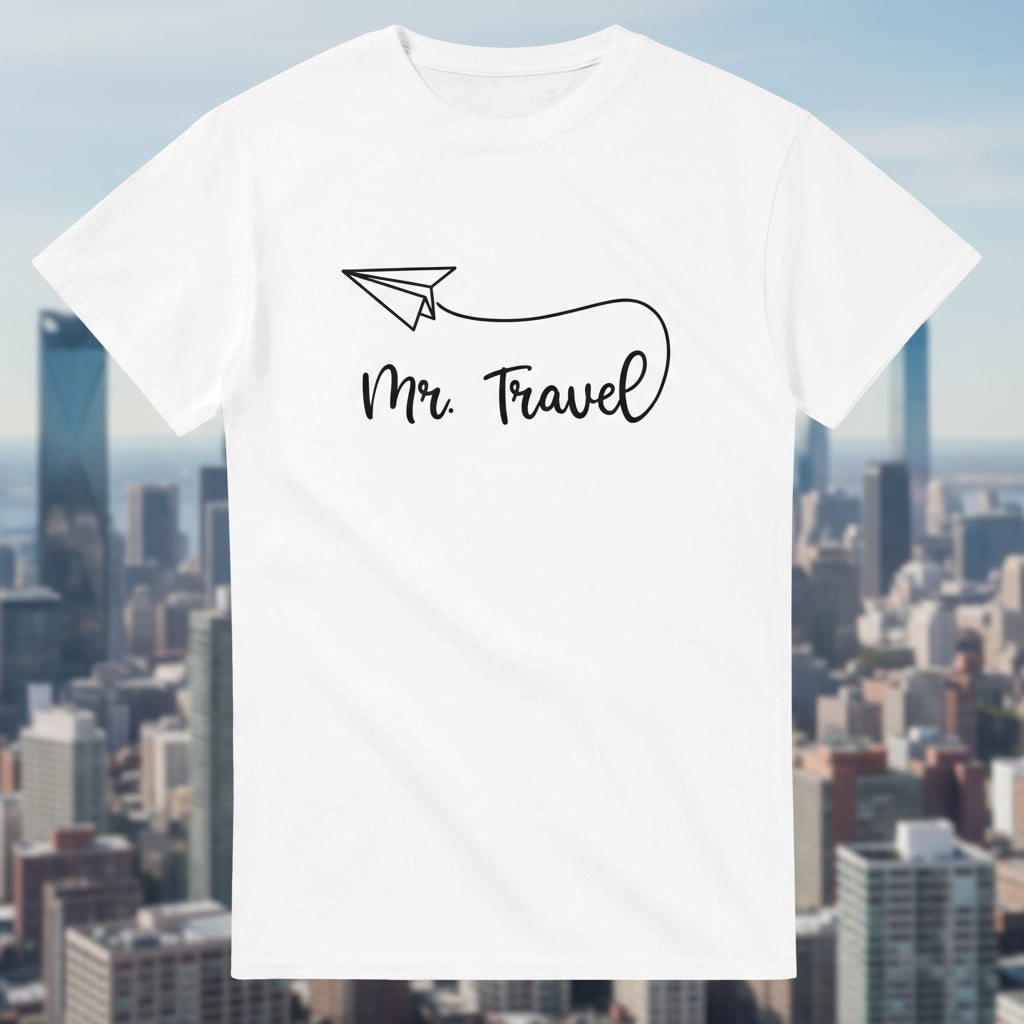 Weißes T-Shirt mit schwarzem Papierflieger und Schriftzug „Mr. Travel“. Ideal für Männer mit Fernweh und Reiselust.