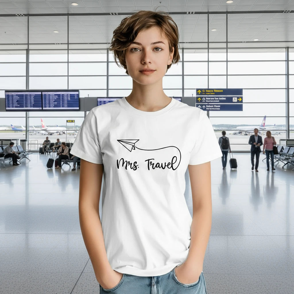 Weißes T-Shirt mit schwarzem Papierflieger und Schriftzug „Mrs. Travel“. Ideal für Männer mit Fernweh und Reiselust.