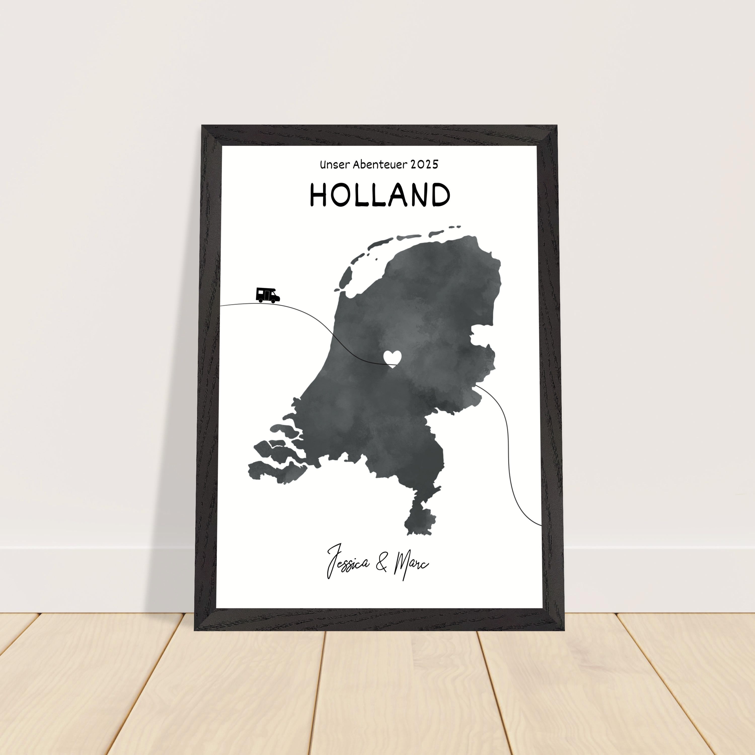 Personalisiertes Niederlande-Poster in Holzrahmen – Landkarte mit Namen, nachhaltiger Druck auf mattem Papier