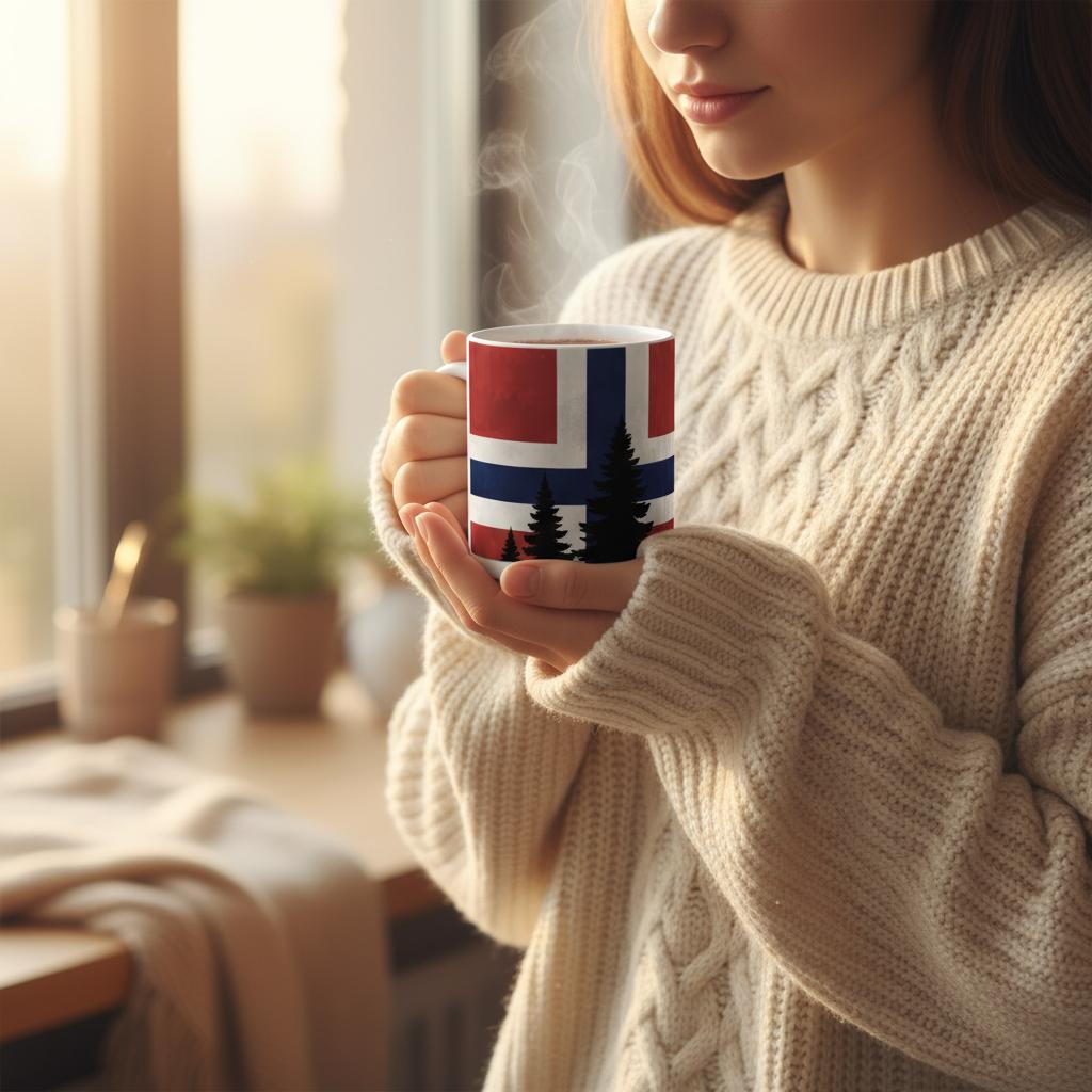 Weiße Keramiktasse mit illustrativem Flaggenmotiv von Norwegen und Waldsilhouette im skandinavischen Design.