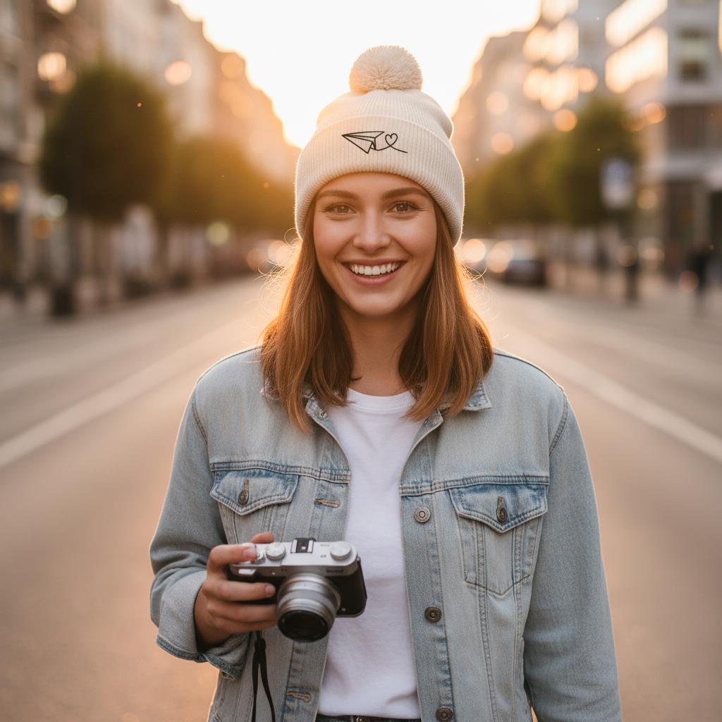 Weiße Bommelmütze mit gesticktem Papierflieger und Herz-Motiv. Symbol für Reiselust und Liebe zum Abenteuer.
