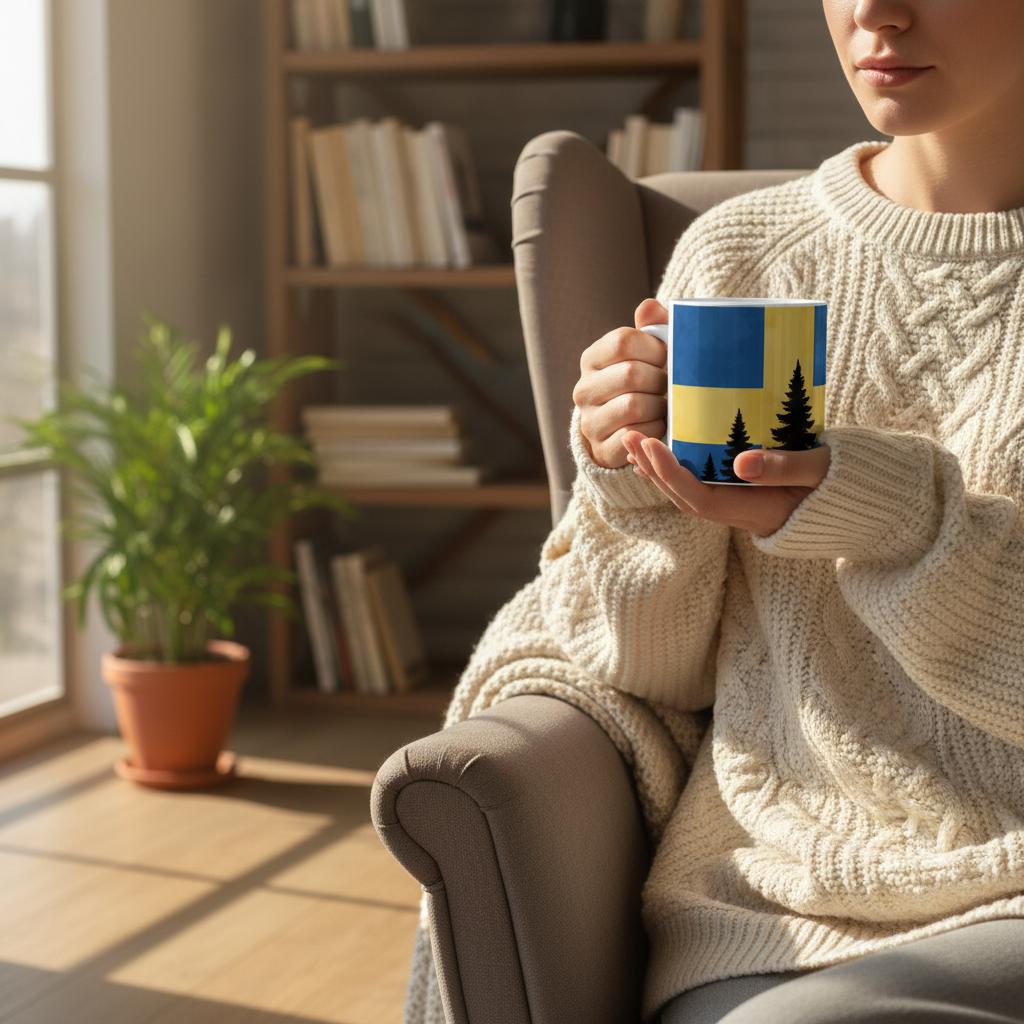 Weiße Keramiktasse mit illustrativem Flaggenmotiv von Schweden und Waldsilhouette im skandinavischen Design.