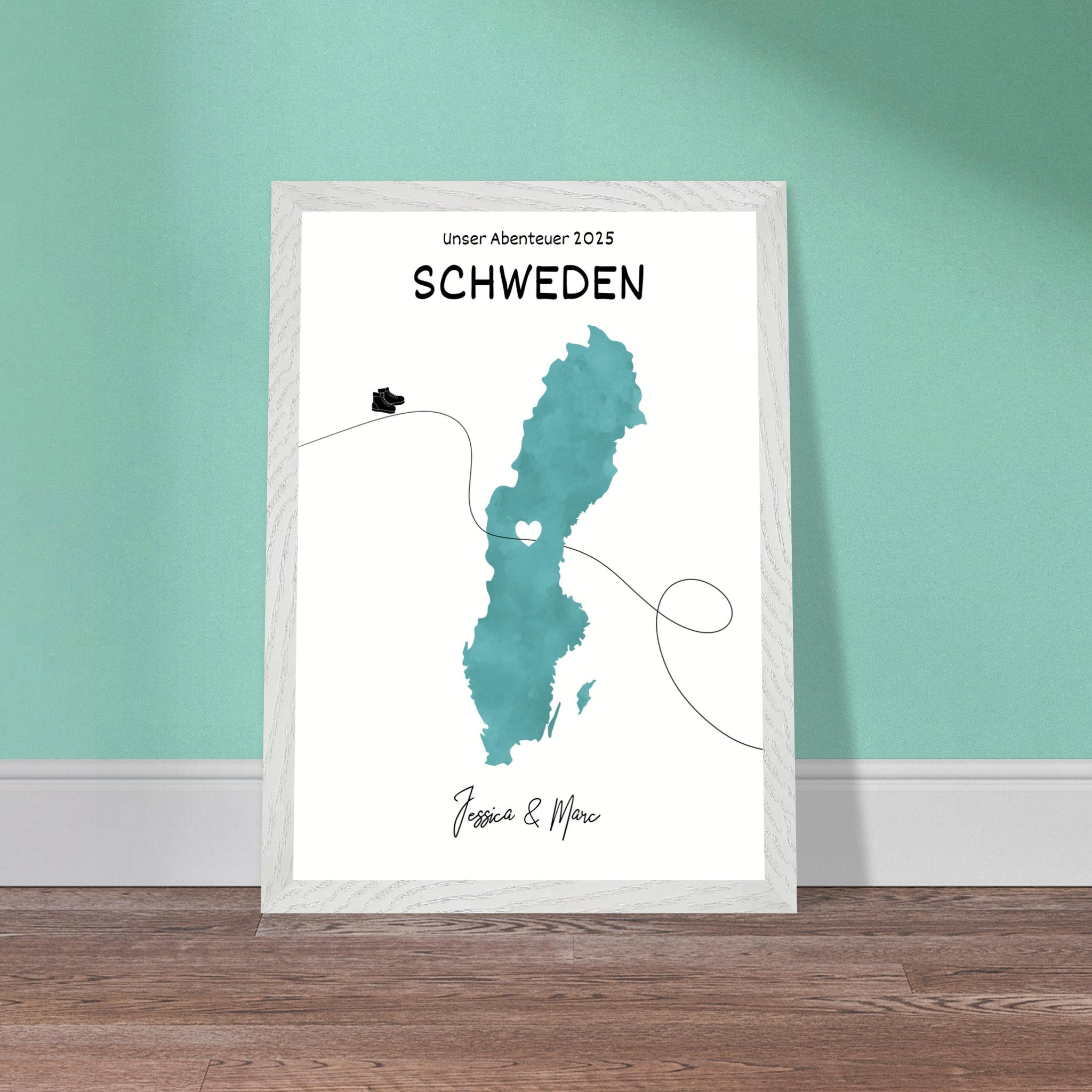 Personalisiertes Schweden-Poster in Holzrahmen – Landkarte mit Namen, nachhaltiger Druck auf mattem Papier