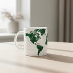 Illustrierte Weltkarte mit Blattmuster auf einer weißen Keramiktasse – modernes Design für Reisefans und Naturfreunde