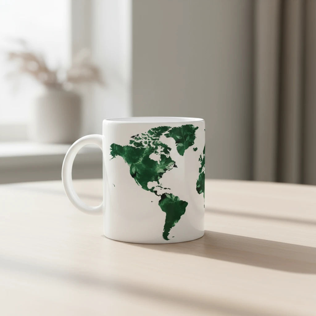 Illustrierte Weltkarte mit Blattmuster auf einer weißen Keramiktasse – modernes Design für Reisefans und Naturfreunde
