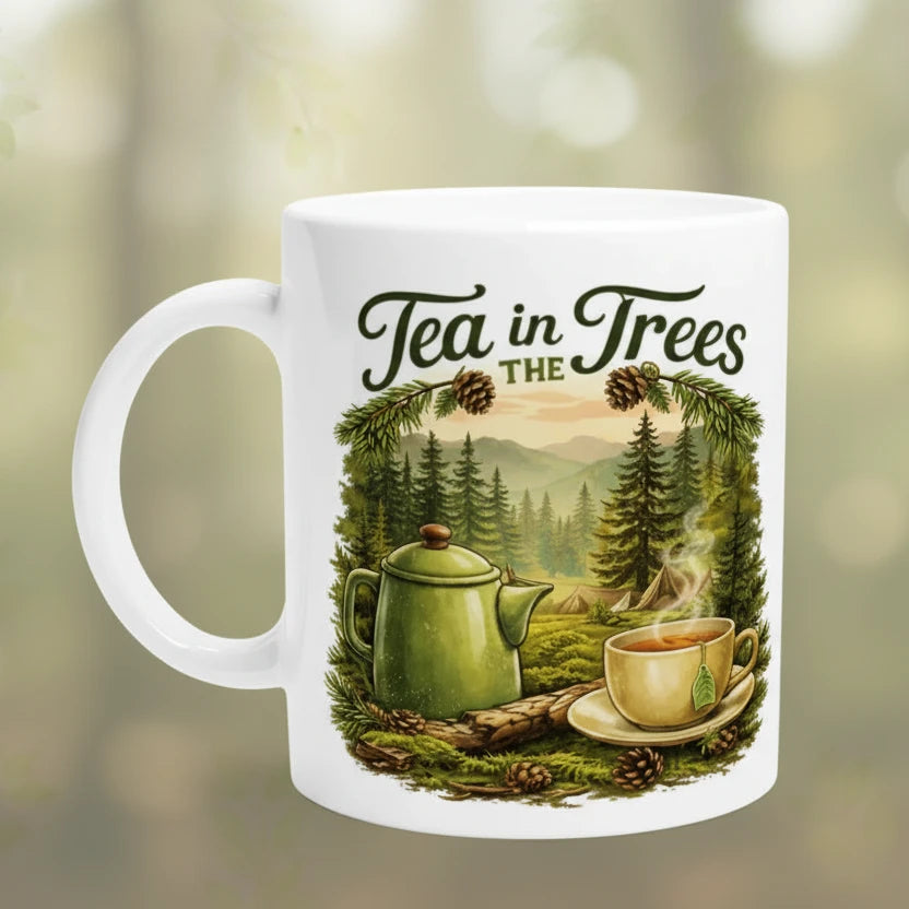 Keramiktasse mit Illustration von Teekanne und Teetasse in einer grünen Waldlandschaft.
