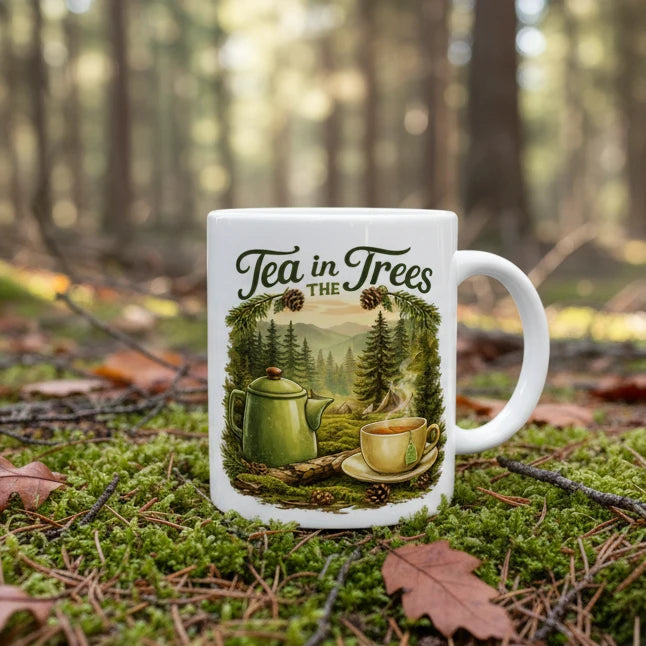 Keramiktasse mit Illustration von Teekanne und Teetasse in einer grünen Waldlandschaft.