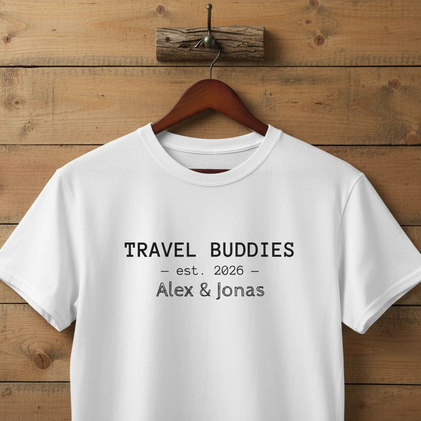 Unisex T-Shirt mit dem Schriftzug „Travel Buddies“, personalisiert mit Namen und Jahr