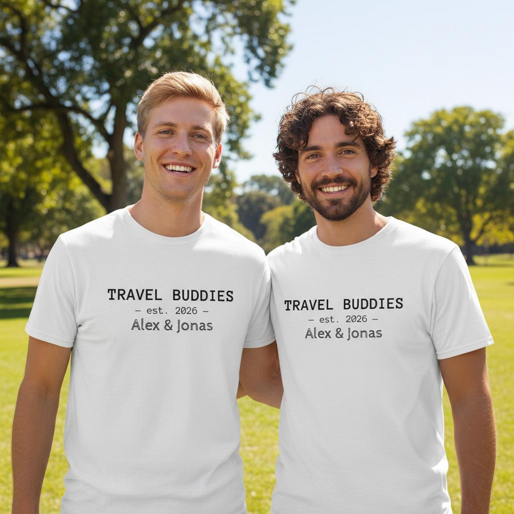Unisex T-Shirt mit dem Schriftzug „Travel Buddies“, personalisiert mit Namen und Jahr