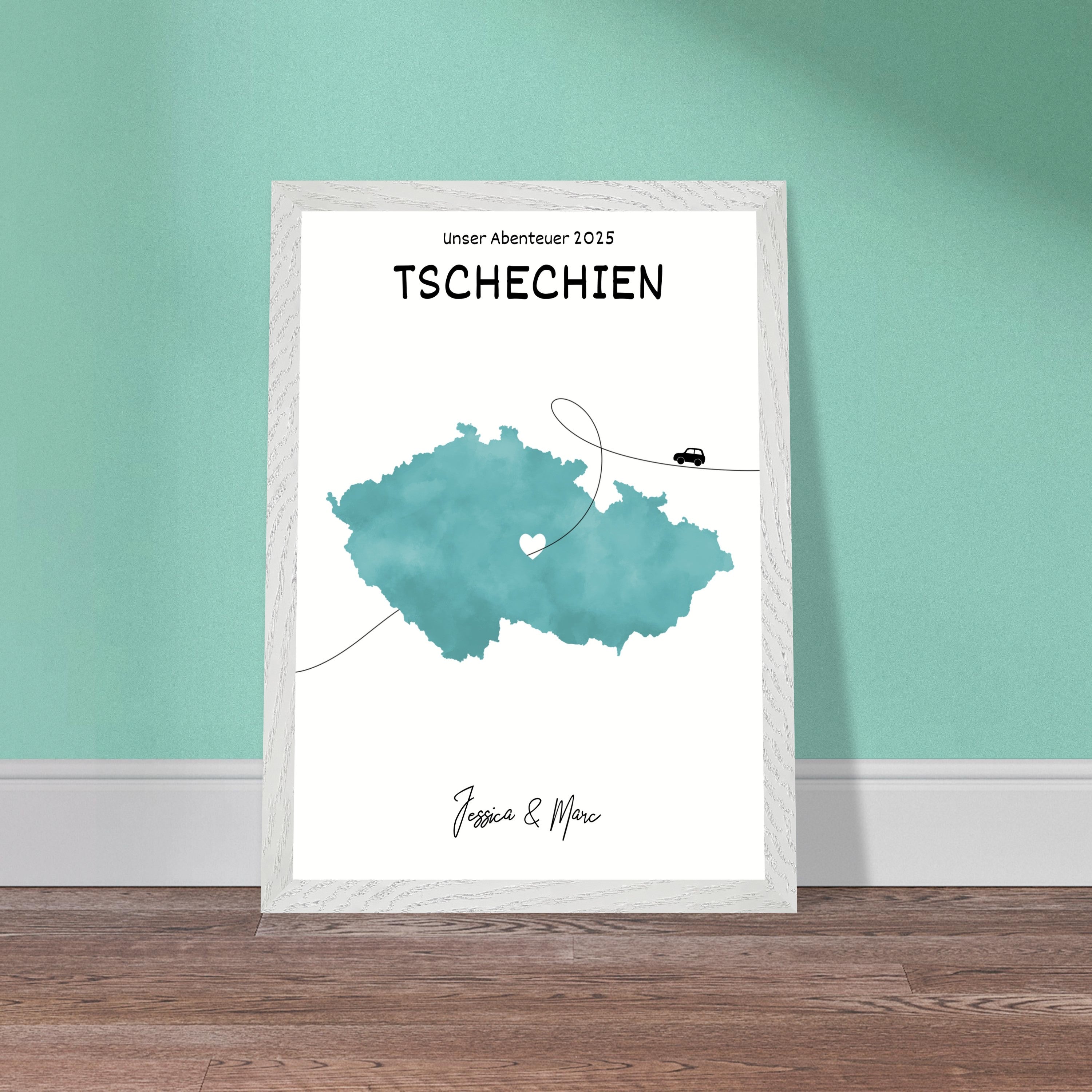 Personalisiertes Tschechien-Poster in Holzrahmen – Landkarte mit Namen, nachhaltiger Druck auf mattem Papier