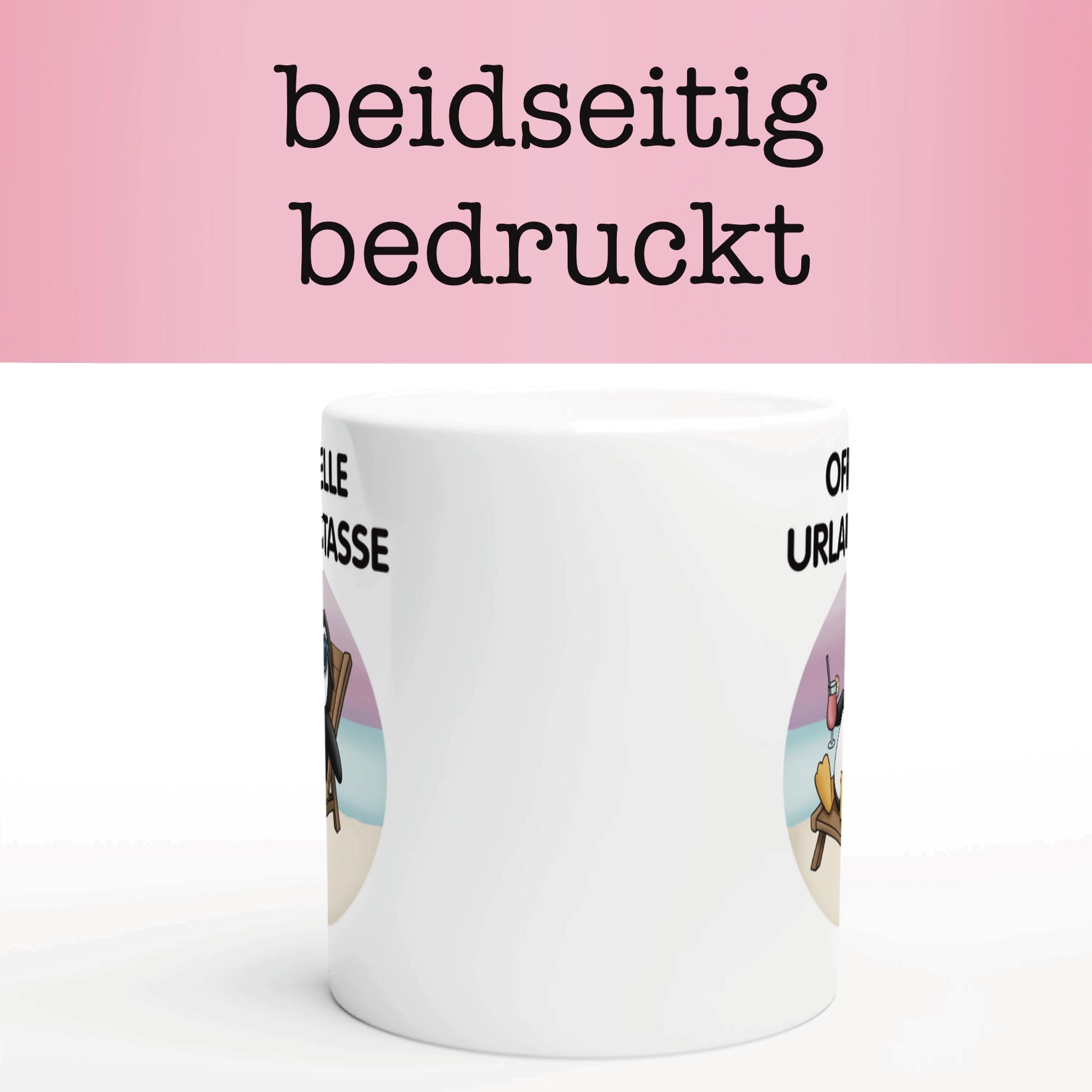 Tasse mit Tier  im Liegestuhl, Sonnenbrille und Cocktail – Text: „Offizielle Urlaubstasse – Lisa“. Personalisierbare Urlaubstasse mit Tiermotiv und Namen