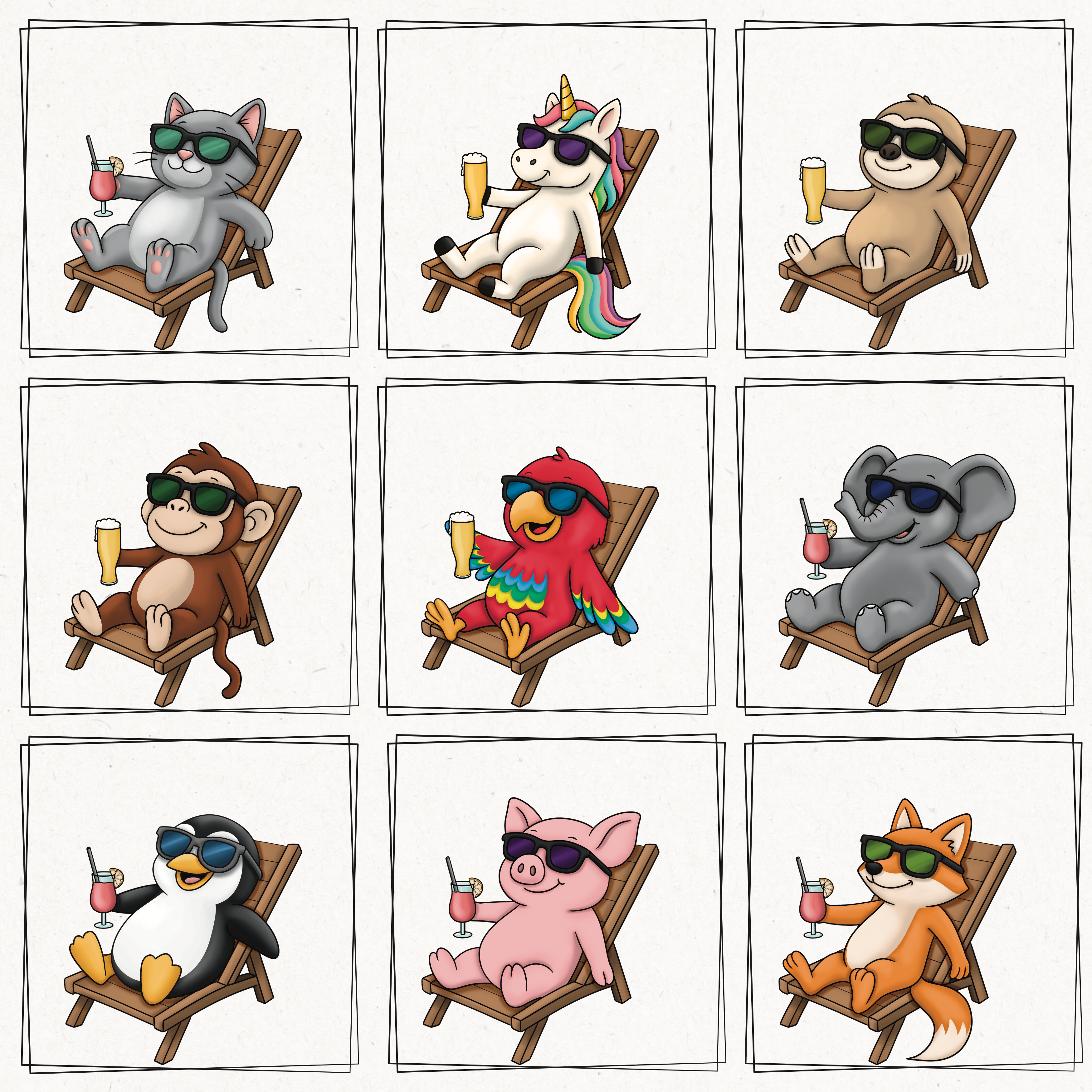 Tasse mit Tier  im Liegestuhl, Sonnenbrille und Cocktail – Text: „Offizielle Urlaubstasse – Name“. Personalisierbare Urlaubstasse mit Tiermotiv und Namen.