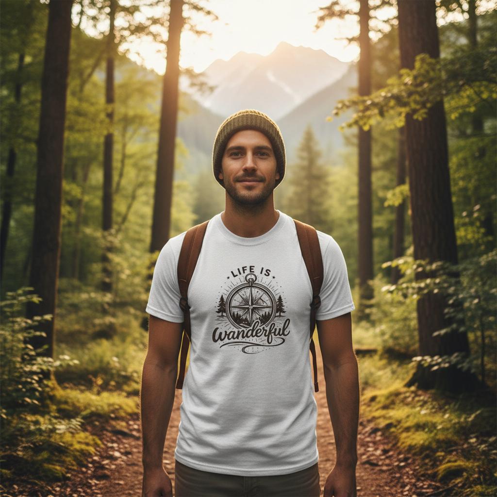 T-Shirt mit „Life is Wanderful“ Schriftzug, Kompass-Design und Naturmotiv im Vintage-Outdoor-Stil