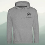 Hoodie mit schwarzem „Weltenbummler“-Logo und Weltkugel mit Herzmotiv auf der Brust